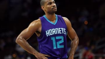 Oct 8, 2014; Philadelphia, PA, USA; Charlotte Hornets guard Gary Neal (12) reacts during the second half of a game against the Philadelphia 76ers at the Wells Fargo Center. The 76ers defeated the Hornets 106-92. Mandatory Credit: Bill Streicher-USA TODAY Sports