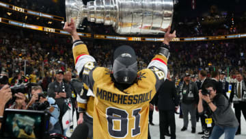 Vegas Golden Knights forward Jonathan Marchessault (81) hoists the Stanley Cup after defeating the Florida Panthers in game five of the 2023 Stanley Cup Final at T-Mobile Arena. Mandatory Credit: Stephen R. Sylvanie-USA TODAY Sports