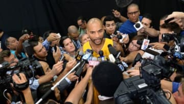 Sep 29, 2014; Los Angeles, CA, USA; Los Angeles Lakers forward Carlos Boozer (5) during media day at the team practice facility in El Segundo. Mandatory Credit: Jayne Kamin-Oncea-USA TODAY Sports