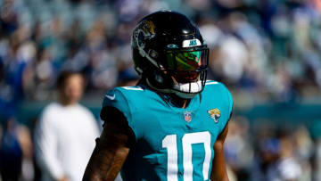 Jan 9, 2022; Jacksonville, Florida, USA; Jacksonville Jaguars wide receiver Laviska Shenault Jr. (10) looks on before the game against the Indianapolis Colts at TIAA Bank Field. Mandatory Credit: Matt Pendleton-USA TODAY Sports