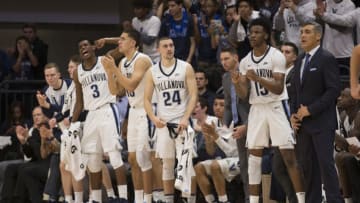 VILLANOVA, PA - NOVEMBER 06: (L-R) Brandon Slater #3, Cole Swider #10, Joe Cremo #24, Saddiq Bey #15, and head coach Jay Wright of the Villanova Wildcats react from the bench in the second half against the Morgan State Bears at Finneran Pavilion on November 6, 2018 in Villanova, Pennsylvania. The Wildcats defeated the Bears 100-77. (Photo by Mitchell Leff/Getty Images)