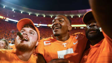 Tennessee quarterback Hendon Hooker (5) celebrates with fans after Tennessee's 52-49 win over Alabama in Neyland Stadium, on Saturday, Oct. 15, 2022.Tennesseevsalabama1015 5568 1