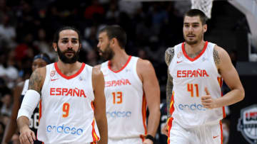 Ricky Rubio #9 and Juancho Hernangomez #41 from Team Spain. (Photo by Harry How/Getty Images)
