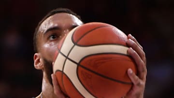 France's Rudy Gobert prepares to shoot during the FIBA Basketball World Cup 2023 Preparation match between France and Tunisia in Pau, southwestern France, on July 31, 2023. (Photo by GAIZKA IROZ / AFP) (Photo by GAIZKA IROZ/AFP via Getty Images)