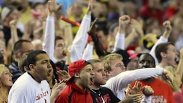 Apr 8, 2013; Atlanta, GA, USA; Louisville Cardinals fans react during the first half of the championship game in the 2013 NCAA mens Final Four against the Michigan Wolverines at the Georgia Dome. Mandatory Credit: Bob Donnan-USA TODAY Sports