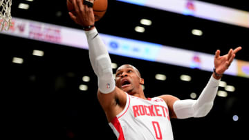 NEW YORK, NEW YORK - NOVEMBER 01: Russell Westbrook #0 of the Houston Rockets goes in for a layup during the first half of their game against the Brooklyn Nets at Barclays Center on November 01, 2019 in the Brooklyn borough New York City. NOTE TO USER: User expressly acknowledges and agrees that, by downloading and or using this Photograph, user is consenting to the terms and conditions of the Getty Images License Agreement. (Photo by Emilee Chinn/Getty Images)