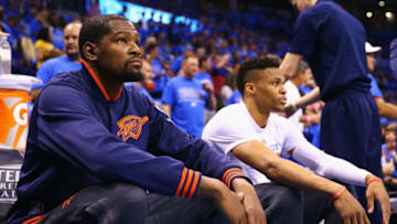OKLAHOMA CITY, OK - MAY 28: Kevin Durant #35 of the Oklahoma City Thunder and Russell Westbrook #0 look on prior to game six of the Western Conference Finals against the Golden State Warriors during the 2016 NBA Playoffs at Chesapeake Energy Arena on May 28, 2016 in Oklahoma City, Oklahoma. NOTE TO USER: User expressly acknowledges and agrees that, by downloading and or using this photograph, User is consenting to the terms and conditions of the Getty Images License Agreement. (Photo by Maddie Meyer/Getty Images)
