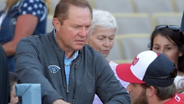 Aug 12, 2015; Los Angeles, CA, USA; Sports agent Scott Boras (L) and Washington Nationals right fielder Bryce Harper (R) prior to the game against the Los Angeles Dodgers at Dodger Stadium. Mandatory Credit: Kirby Lee-USA TODAY Sports
