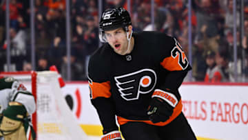 Mar 23, 2023; Philadelphia, Pennsylvania, USA; Philadelphia Flyers left wing James van Riemsdyk (25) reacts after scoring against the Minnesota Wild during a shootout at Wells Fargo Center. Mandatory Credit: Kyle Ross-USA TODAY Sports