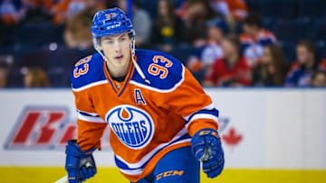 Oct 31, 2015; Edmonton, Alberta, CAN; Edmonton Oilers center Ryan Nugent-Hopkins (93) skates during the warmup period against the Calgary Flames at Rexall Place. Calgary Flames won 5-4. Mandatory Credit: Sergei Belski-USA TODAY Sports