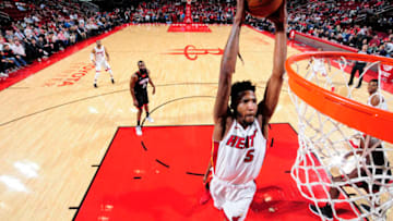 HOUSTON, TX - JANUARY 22: Derrick Jones Jr. #5 of the Miami Heat drives to the basket against the Houston Rockets on January 22, 2018 at the Toyota Center in Houston, Texas. NOTE TO USER: User expressly acknowledges and agrees that, by downloading and or using this photograph, User is consenting to the terms and conditions of the Getty Images License Agreement. Mandatory Copyright Notice: Copyright 2018 NBAE (Photo by Bill Baptist/NBAE via Getty Images)