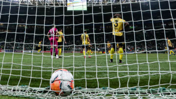 SAO PAULO, BRAZIL - MARCH 10: Players of Guarani PAR react after the second goal of Palmeiras during the match for the Copa CONMEBOL Libertadores 2020 at Allianz Parque on March 10, 2020 in Sao Paulo, Brazil. (Photo by Alexandre Schneider/Getty Images)