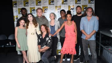 SAN DIEGO, CALIFORNIA - JULY 22: (L-R) Cailey Fleming, Michael James Shaw, Angela Kang, Josh McDermitt, Norman Reedus, Melissa McBride, Seth Gilliam, Lauren Ridloff, Ross Marquand, and Greg Nicotero pose at the AMC's "The Walking Dead" panel during 2022 Comic-Con International: San Diego at San Diego Convention Center on July 22, 2022 in San Diego, California. (Photo by Albert L. Ortega/Getty Images)