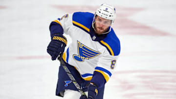 CHICAGO, IL - MARCH 18: St. Louis Blues defenseman Joel Edmundson (6) handles the ice during the game between the Chicago Blackhawks and the St. Louis Blues on March 18, 2018, at the United Center in Chicago, Illinois. (Photo by Robin Alam/Icon Sportswire via Getty Images)