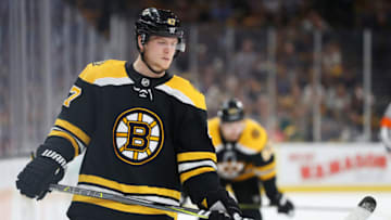 BOSTON, MASSACHUSETTS - APRIL 19: Torey Krug #47 of the Boston Bruins looks on during the second period of Game Five of the Eastern Conference First Round against the Toronto Maple Leafs during the 2019 NHL Stanley Cup Playoffs at TD Garden on April 19, 2019 in Boston, Massachusetts. (Photo by Maddie Meyer/Getty Images)