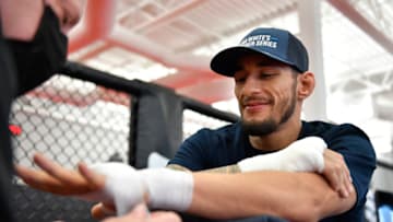 LAS VEGAS, NEVADA - OCTOBER 05: Genaro Valdez has his hands wrapped prior to his fight during Dana White's Contender Series season 5 week 6 at UFC APEX on October 05, 2021 in Las Vegas, Nevada. (Photo by Chris Unger/Zuffa LLC)