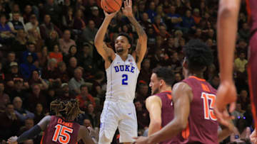 BLACKSBURG, VA - FEBRUARY 26: Gary Trent, Jr. #2 of the Duke Blue Devils shoots against the Virginia Tech Hokies in the first half at Cassell Coliseum on February 26, 2018 in Blacksburg, Virginia. (Photo by Lauren Rakes/Getty Images)
