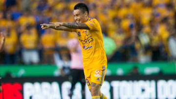 Tigres' Argentine player Lucas Zelarayan celebrates after scoring against Santos during the Mexican Apertura football tournament match at the Universitario stadium in Monterrey, Mexico, on October 5, 2019. (Photo by Julio Cesar AGUILAR / AFP) (Photo by JULIO CESAR AGUILAR/AFP via Getty Images)