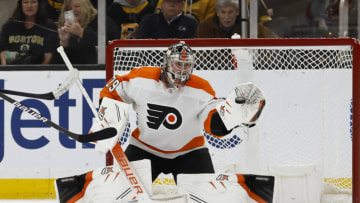 Nov 17, 2022; Boston, Massachusetts, USA; Philadelphia Flyers goaltender Carter Hart (79) makes a glove save against the Boston Bruins during the second period at TD Garden. Mandatory Credit: Winslow Townson-USA TODAY Sports