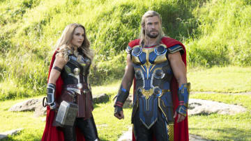 (L-R): Natalie Portman as Mighty Thor and Chris Hemsworth as Thor in Marvel Studios' THOR: LOVE AND THUNDER. Photo by Jasin Boland. ©Marvel Studios 2022. All Rights Reserved.