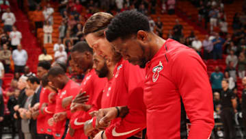 MIAMI, FL - DECEMBER 1: Udonis Haslem #40 of the Miami Heat during the national anthem before the game against the Charlotte Hornets on December 1, 2017 at American Airlines Arena in Miami, Florida. NOTE TO USER: User expressly acknowledges and agrees that, by downloading and or using this Photograph, user is consenting to the terms and conditions of the Getty Images License Agreement. Mandatory Copyright Notice: Copyright 2017 NBAE (Photo by Issac Baldizon/NBAE via Getty Images)