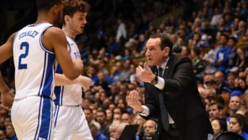 Mar 2, 2020; Durham, North Carolina, USA; Duke Blue Devils head coach Mike Krzyzewski (right) directs guard Cassius Stanley (2) and forward Matthew Hurt (21) during the second half against the North Carolina State Wolfpack at Cameron Indoor Stadium. Duke won 88-69. Mandatory Credit: Rob Kinnan-USA TODAY Sports