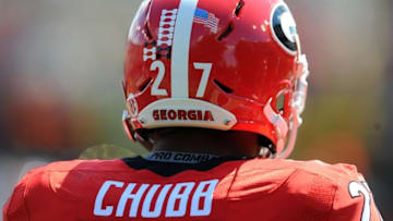 Sep 12, 2015; Nashville, TN, USA; Georgia Bulldogs running back Nick Chubb (27) prior to the game against the Vanderbilt Commodores at Vanderbilt Stadium. Mandatory Credit: Christopher Hanewinckel-USA TODAY Sports