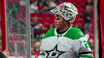 Mar 24, 2022; Raleigh, North Carolina, USA; Dallas Stars goaltender Jake Oettinger (29) comes off the ice before the game against the Carolina Hurricanes at PNC Arena. Mandatory Credit: James Guillory-USA TODAY Sports