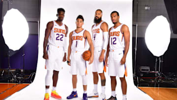 Phoenix Suns Deandre Ayton, Devin Booker, Tyson Chandler, T.J. Warren (Photo by Barry Gossage/NBAE via Getty Images)