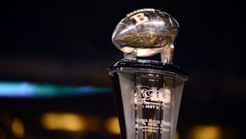 Dec 7, 2013; Indianapolis, IN, USA; General view of the championship trophy after defeating Ohio State Buckeyes 34-24 to win the 2013 Big 10 Championship game at Lucas Oil Stadium. Mandatory Credit: Andrew Weber-USA TODAY Sports