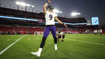 TAMPA, FL - OCTOBER 27: Justin Tucker #9 of the Baltimore Ravens warms up prior to an NFL football game against the Tampa Bay Buccaneers at Raymond James Stadium on October 27, 2022 in Tampa, Florida. (Photo by Kevin Sabitus/Getty Images)