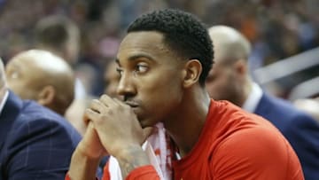 Mar 30, 2016; Toronto, Ontario, CAN; Atlanta Hawks guard Jeff Teague (0) on the bench during the fourth quarter against the Toronto Raptors at the Air Canada Centre. Toronto defeated Atlanta 105-97 for their franchise record 50th win in a season. Mandatory Credit: John E. Sokolowski-USA TODAY Sports