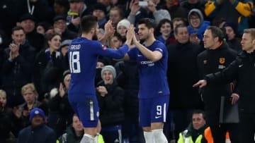 LONDON, ENGLAND - FEBRUARY 16: Alvaro Morata of Chelsea replaces team mate Olivier Giroud during The Emirates FA Cup Fifth Round match between Chelsea and Hull City at Stamford Bridge on February 16, 2018 in London, England. (Photo by Catherine Ivill/Getty Images)