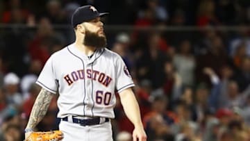 BOSTON, MA - SEPTEMBER 9: Dallas Keuchel #60 of the Houston Astros looks on as J.D. Martinez of the Boston Red Sox rounds the bases on his three-run home run in the fifth inning of a game at Fenway Park on September 9, 2018 in Boston, Massachusetts. (Photo by Adam Glanzman/Getty Images)