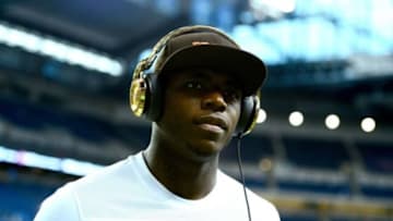 Aug 9, 2014; Detroit, MI, USA; Cleveland Browns wide receiver Josh Gordon (12) prior to the game against the Detroit Lions at Ford Field. Mandatory Credit: Andrew Weber-USA TODAY Sports