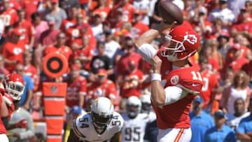 Sep 11, 2016; Kansas City, MO, USA; Kansas City Chiefs quarterback Alex Smith (11) throws a pass during the first half against the San Diego Chargers at Arrowhead Stadium. Mandatory Credit: Denny Medley-USA TODAY Sports