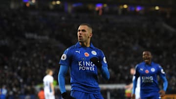 LEICESTER, ENGLAND - NOVEMBER 06: Islam Slimani of Leicester City celebrates scoring his sides first goal during the Premier League match between Leicester City and West Bromwich Albion at The King Power Stadium on November 6, 2016 in Leicester, England. (Photo by Michael Regan/Getty Images)