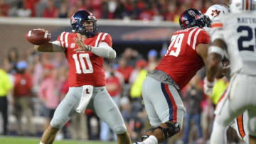 Oct 29, 2016; Oxford, MS, USA; Mississippi Rebels quarterback Chad Kelly (10) passes the ball during the first quarter of the game against the Auburn Tigers at Vaught-Hemingway Stadium. Mandatory Credit: Matt Bush-USA TODAY Sports