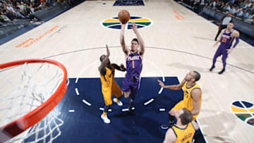 SALT LAKE CITY, UT - MARCH 15: Devin Booker #1 of the Phoenix Suns goes to the basket against the Utah Jazz on March 15, 2018 at vivint.SmartHome Arena in Salt Lake City, Utah. NOTE TO USER: User expressly acknowledges and agrees that, by downloading and or using this Photograph, User is consenting to the terms and conditions of the Getty Images License Agreement. Mandatory Copyright Notice: Copyright 2018 NBAE (Photo by Melissa Majchrzak/NBAE via Getty Images)
