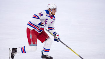 PHILADELPHIA, PA - APRIL 07: New York Rangers Defenceman Marc Staal (18) carries the puck in the first period during the game between the New York Rangers and Philadelphia Flyers on April 07, 2018 at Wells Fargo Center in Philadelphia, PA. (Photo by Kyle Ross/Icon Sportswire via Getty Images)