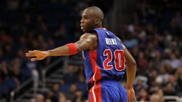Dec 30, 2014; Orlando, FL, USA; Detroit Pistons guard Jodie Meeks (20) looks back to high five a teammate after making a three pointer against the Orlando Magic during the second quarter at Amway Center. Mandatory Credit: Kim Klement-USA TODAY Sports