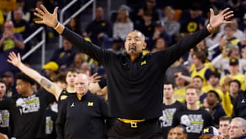 Jan 15, 2023; Ann Arbor, Michigan, USA; Michigan Wolverines head coach Juwan Howard coaches during the second half against the Northwestern Wildcats at Crisler Center. Mandatory Credit: Rick Osentoski-USA TODAY Sports
