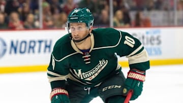 Oct 10, 2015; Saint Paul, MN, USA; Minnesota Wild forward Jordan Schroeder (10) in the second period against the St Louis Blues at Xcel Energy Center. The Minnesota Wild beat the St Louis Blues 3-2. Mandatory Credit: Brad Rempel-USA TODAY Sports