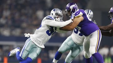 Aug 29, 2015; Arlington, TX, USA; Dallas Cowboys defensive end Randy Gregory (94) in action against Minnesota Vikings guard David Yankey (66) at AT&T Stadium. Mandatory Credit: Matthew Emmons-USA TODAY Sports