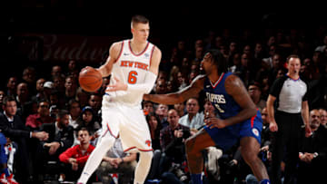 NEW YORK, NY - NOVEMBER 20: Kristaps Porzingis #6 of the New York Knicks handles the ball during the game against the LA Clippers on November 20, 2017 at Madison Square Garden in New York City, New York. Copyright 2017 NBAE (Photo by Nathaniel S. Butler/NBAE via Getty Images)