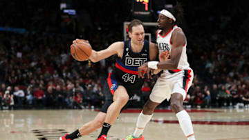 Jerami Grant #9 of the Portland Trail Blazers guards against Bojan Bogdanovic #44 of the Detroit Pistons . (Photo by Amanda Loman/Getty Images)