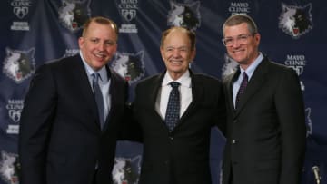 MINNEAPOLIS, MN - APRIL26: Tom Thibodeau, President of Basketball Operations and Head Coach and Scott Layden, General Manager, of the Minnesota Timberwolves are introduced to the media by Owner Glen Taylor on April 26, 2016 at Target Center in Minneapolis, Minnesota. NOTE TO USER: User expressly acknowledges and agrees that, by downloading and or using this Photograph, user is consenting to the terms and conditions of the Getty Images License Agreement. Mandatory Copyright Notice: Copyright 2016 NBAE (Photo by David Sherman/NBAE via Getty Images)