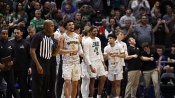 Mar 16, 2022; Dayton, Ohio, USA; Wright State Raiders guard Tanner Holden (2) reacts to defeating Bryant University Bulldogs at University of Dayton Arena. Mandatory Credit: Rick Osentoski-USA TODAY Sports