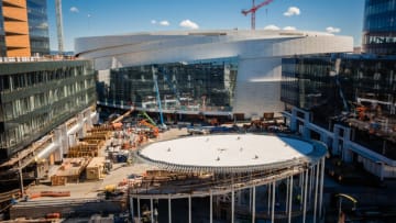 SAN FRANCISCO, CA - FEBRUARY 21: Exterior views of the Chase Center, the new home of the Golden State Warriors. The buildings to the left and right of the arena will house commercial businesses. (Photo by Nick Otto for the Washington Post)