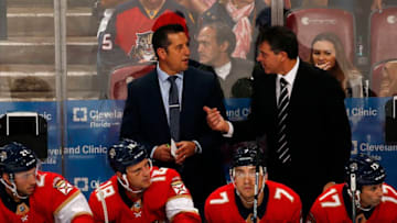 SUNRISE, FL - OCTOBER 20: Head Coach of the Florida Panthers Bob Boughner and Associate Coach Jack Capuano chat during a break in the action against the Pittsburgh Penguins at the BB&T Center on October 20, 2017 in Sunrise, Florida. (Photo by Eliot J. Schechter/NHLI via Getty Images)